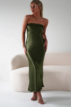 Outlet Lucia Soft Satin Slip Midi Dress | Olive Mittellange Kleider|Midi-kleider