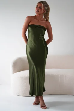 Outlet Lucia Soft Satin Slip Midi Dress | Olive Mittellange Kleider|Midi-kleider