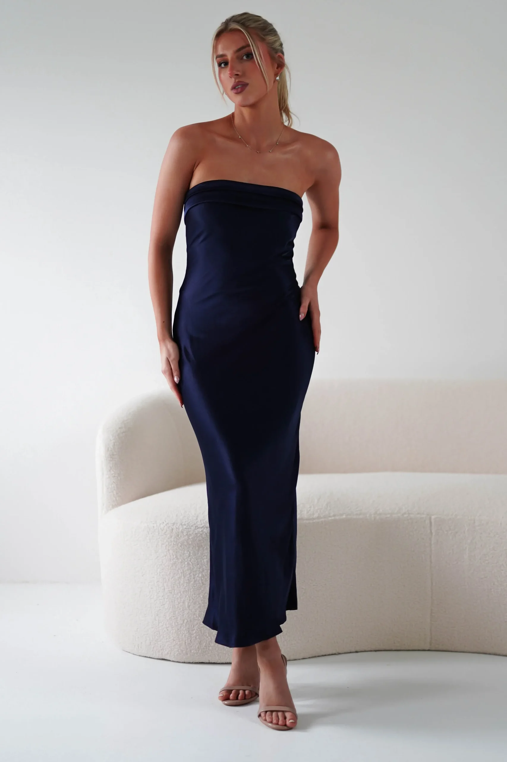 New Lucia Soft Satin Slip Midi Dress | Navy Mittellange Kleider|Midi-kleider