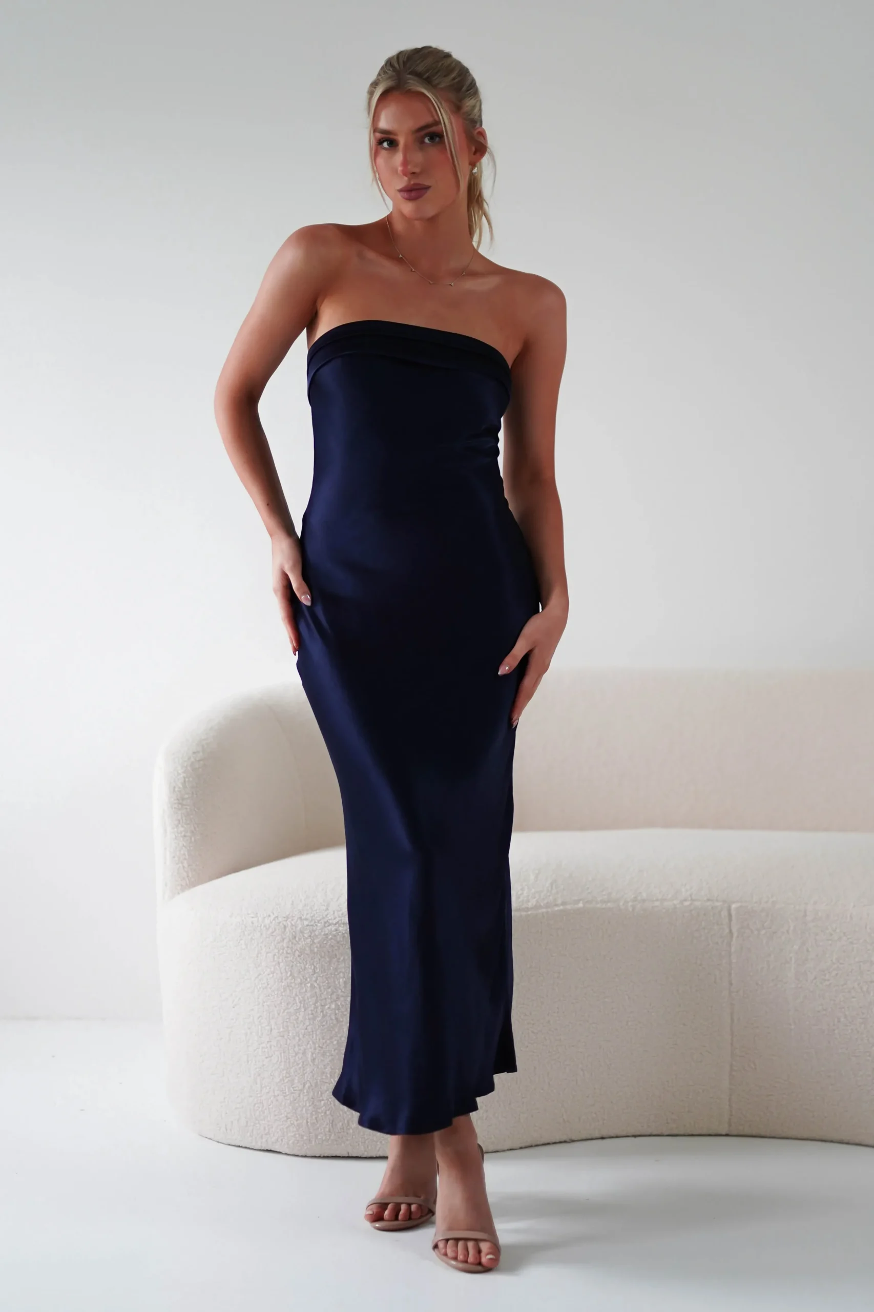 New Lucia Soft Satin Slip Midi Dress | Navy Mittellange Kleider|Midi-kleider