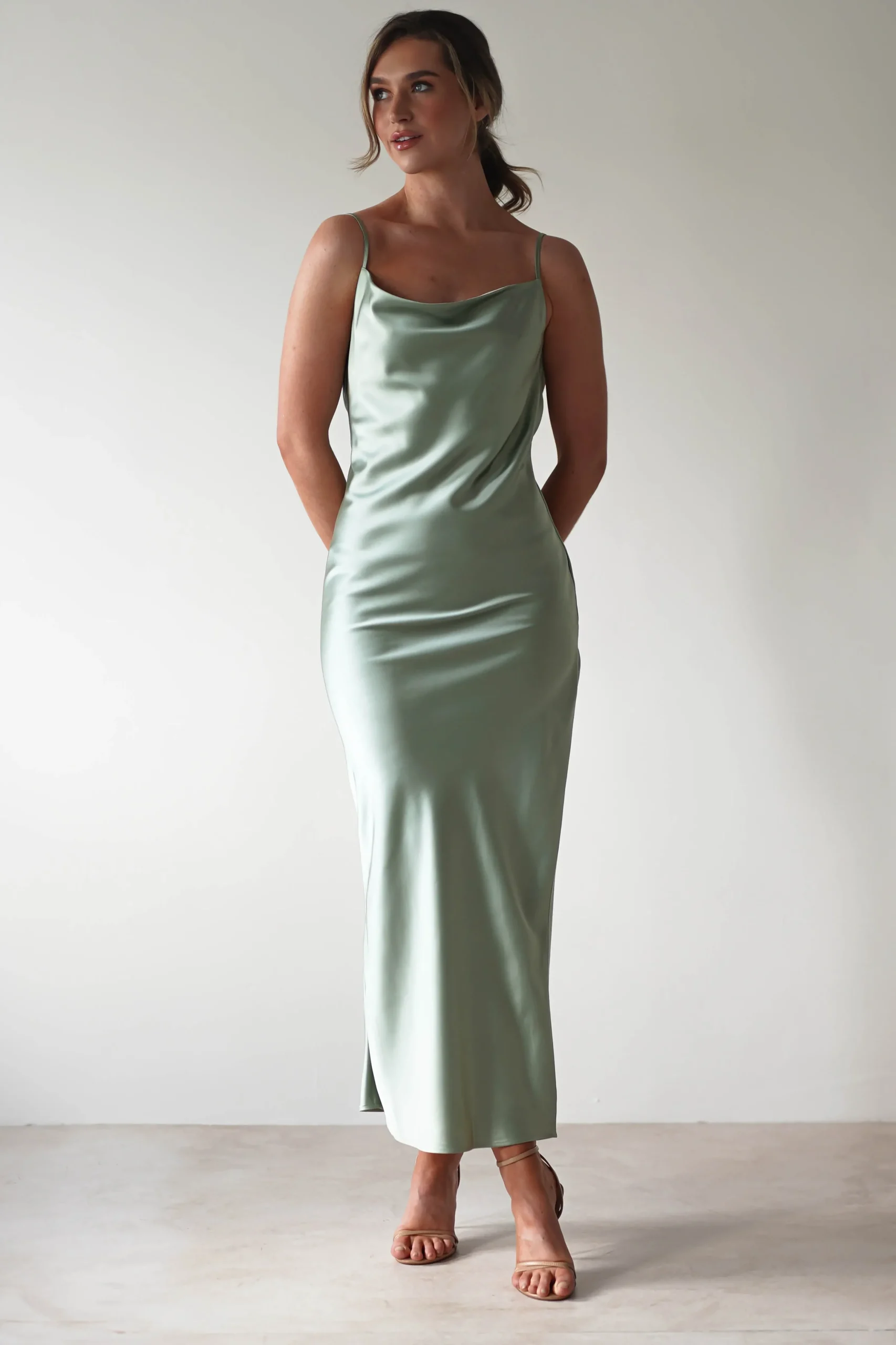 New Luiza Low Back Satin Maxi Dress | Sage Lange Kleider|Maxikleider