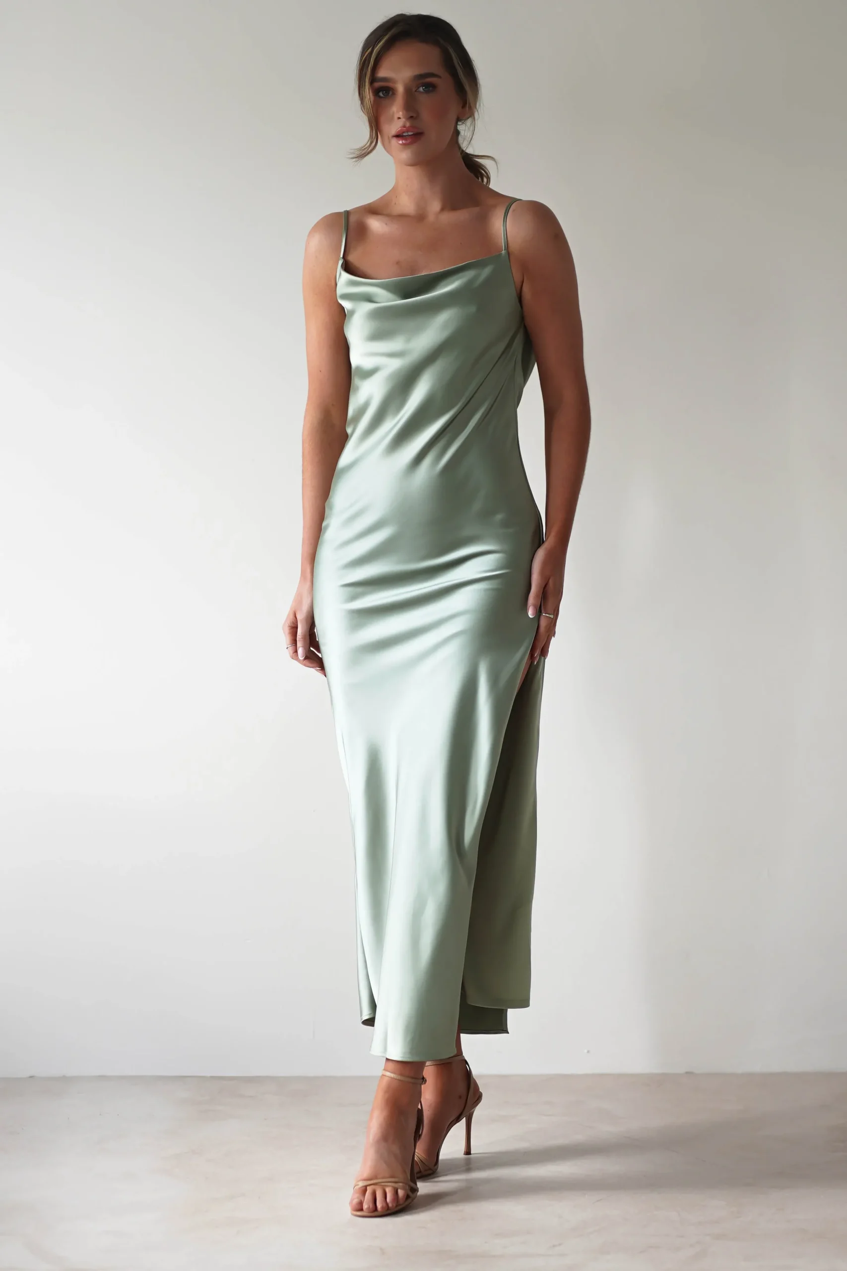 New Luiza Low Back Satin Maxi Dress | Sage Lange Kleider|Maxikleider