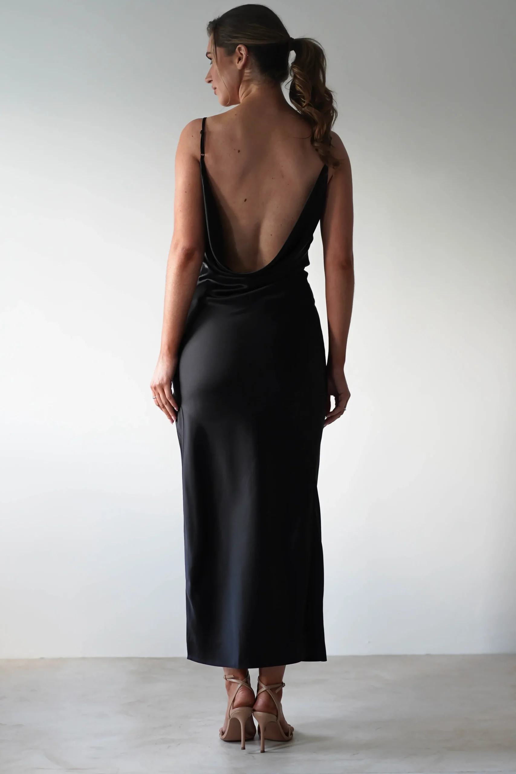 Hot Luiza Low Back Satin Maxi Dress | Black Lange Kleider|Maxikleider
