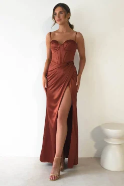 Online Maja Satin Corset Gown | Rust Lange Kleider|Maxikleider