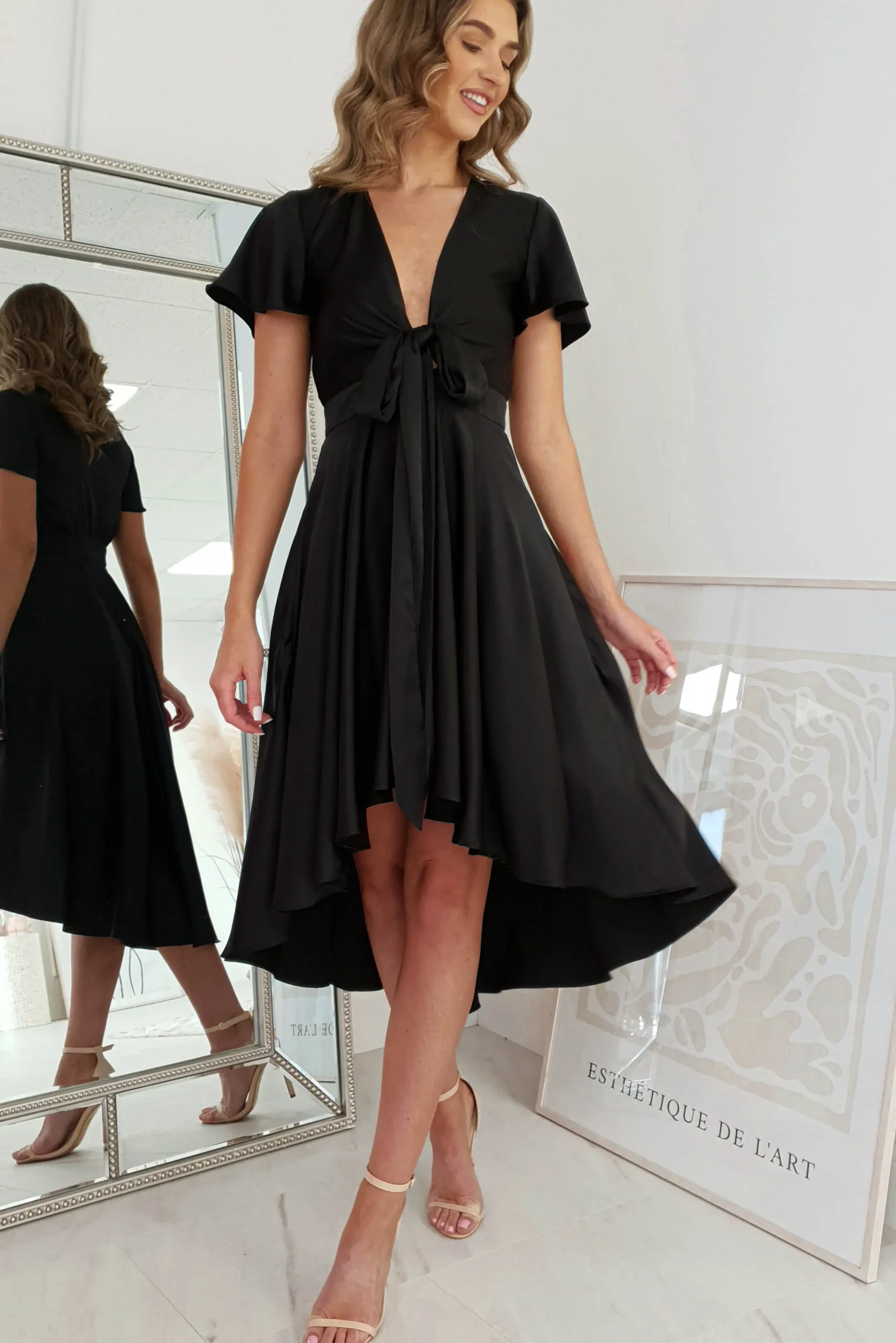 Online Maleri Satin Midi Dress | Black Mittellange Kleider|Midi-kleider