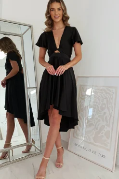 Online Maleri Satin Midi Dress | Black Mittellange Kleider|Midi-kleider