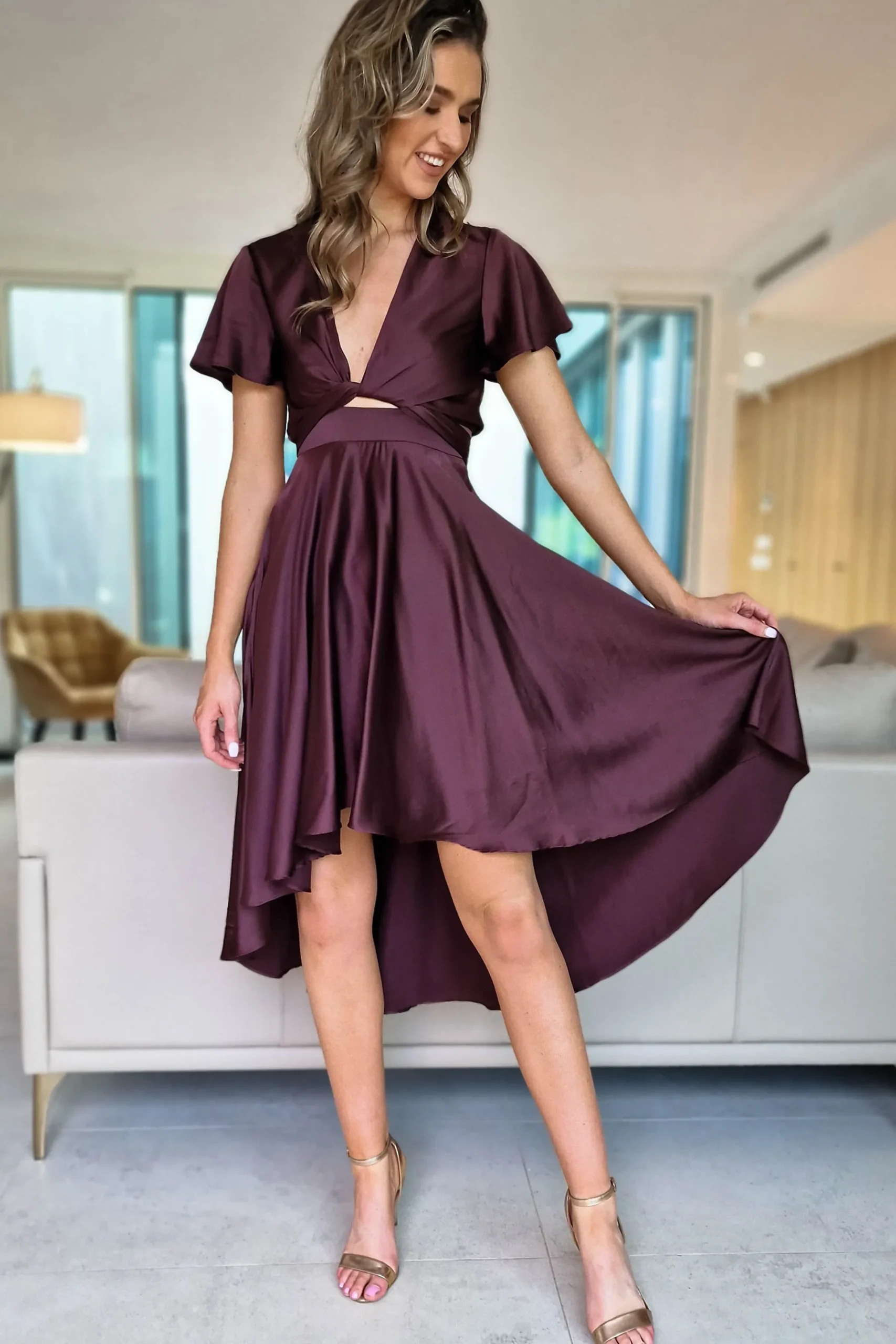 Hot Maleri Satin Midi Dress | Chocolate Mittellange Kleider|Midi-kleider