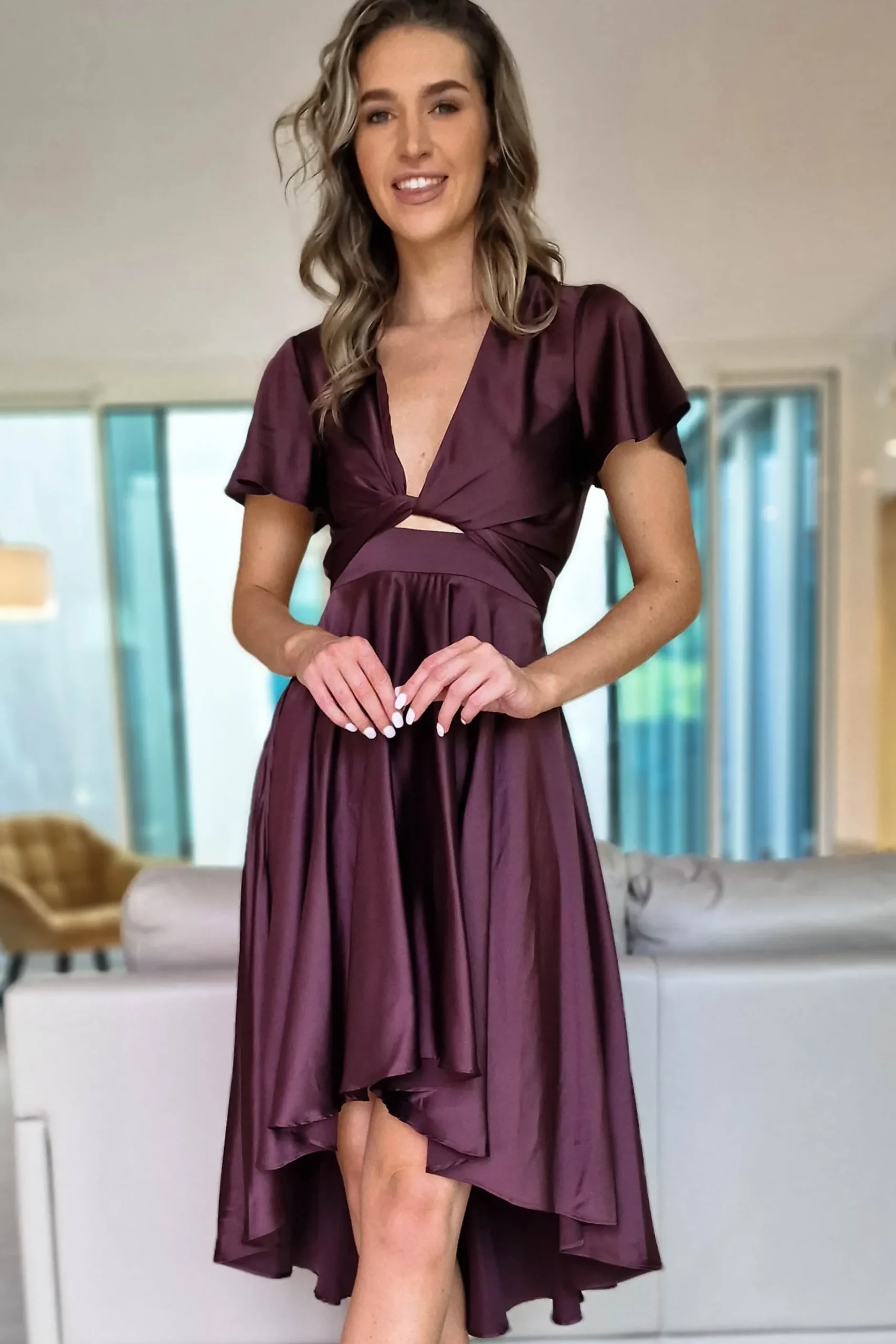 Hot Maleri Satin Midi Dress | Chocolate Mittellange Kleider|Midi-kleider