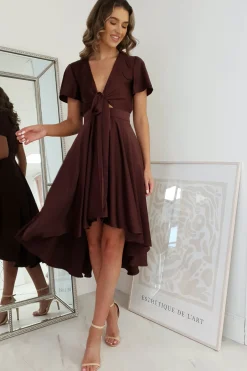 Hot Maleri Satin Midi Dress | Chocolate Mittellange Kleider|Midi-kleider