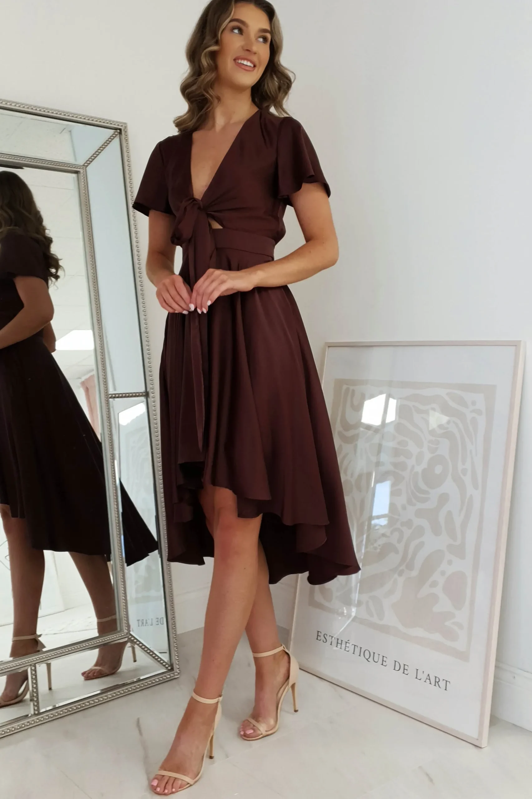 Hot Maleri Satin Midi Dress | Chocolate Mittellange Kleider|Midi-kleider