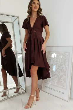 Hot Maleri Satin Midi Dress | Chocolate Mittellange Kleider|Midi-kleider