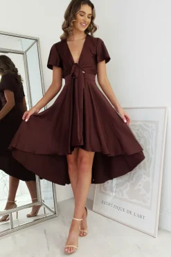 Hot Maleri Satin Midi Dress | Chocolate Mittellange Kleider|Midi-kleider