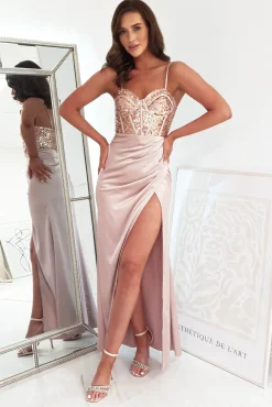 Hot Margaux Satin Corset Maxi Dress | Rose Gold Lange Kleider|Maxikleider