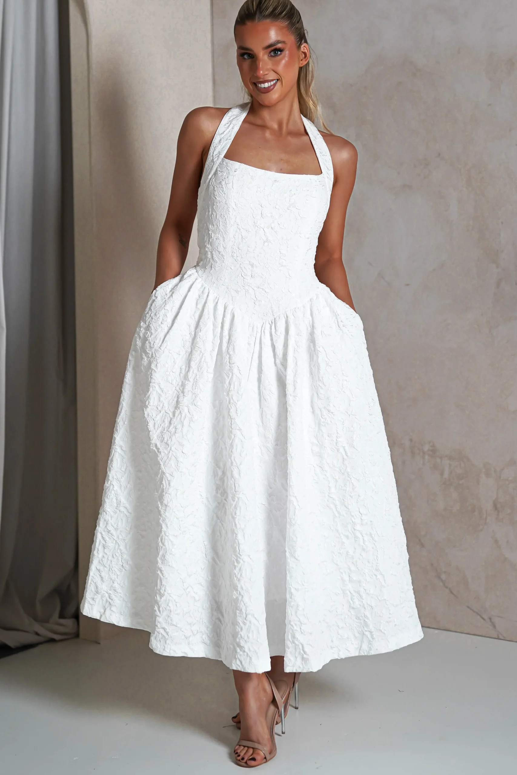 Best Margot Textured Midaxi Dress | White Lange Kleider|Maxikleider