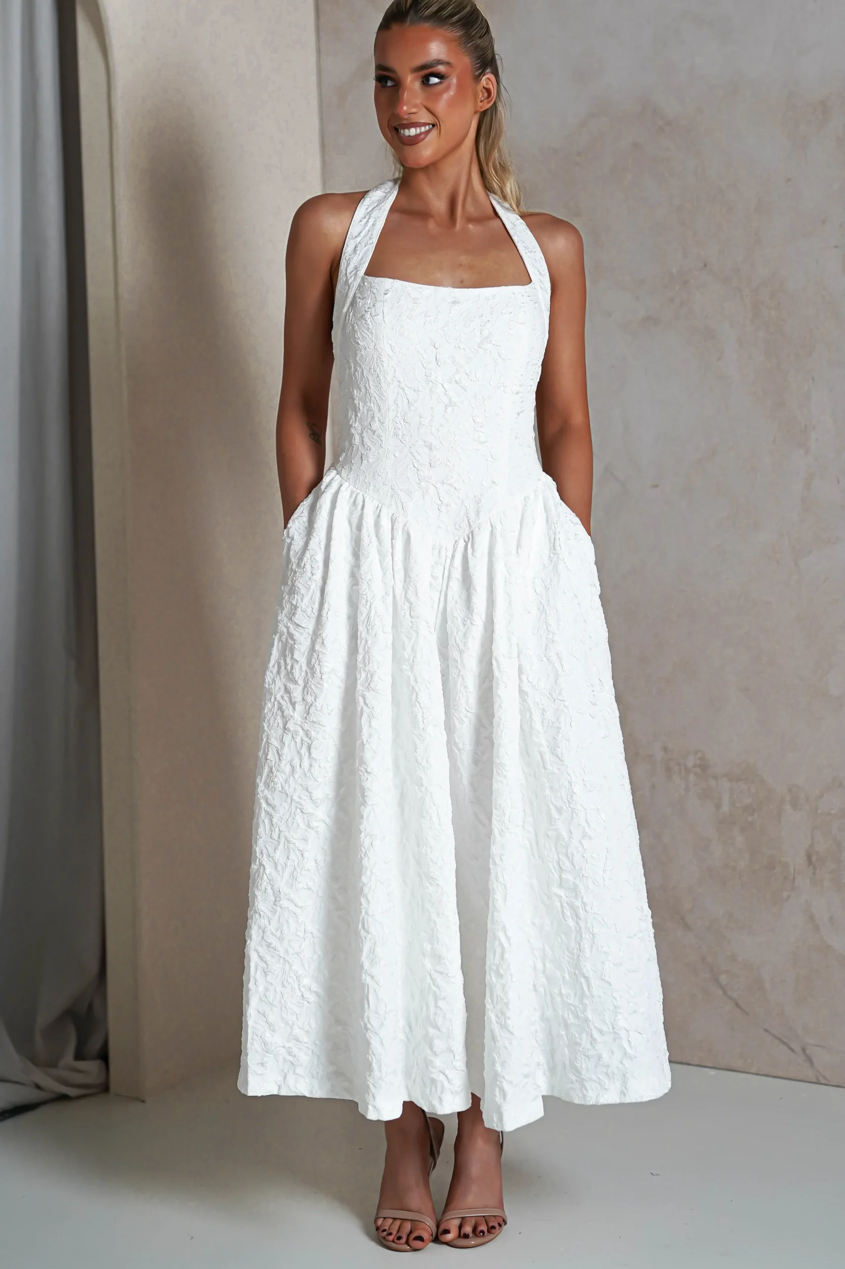 Best Margot Textured Midaxi Dress | White Lange Kleider|Maxikleider