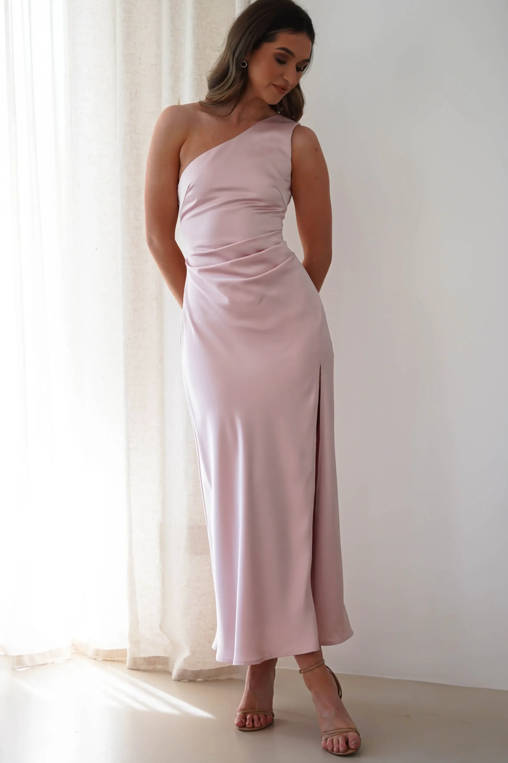 New Meera Soft Matte Satin Midaxi Dress | Blush Pink Lange Kleider|Maxikleider