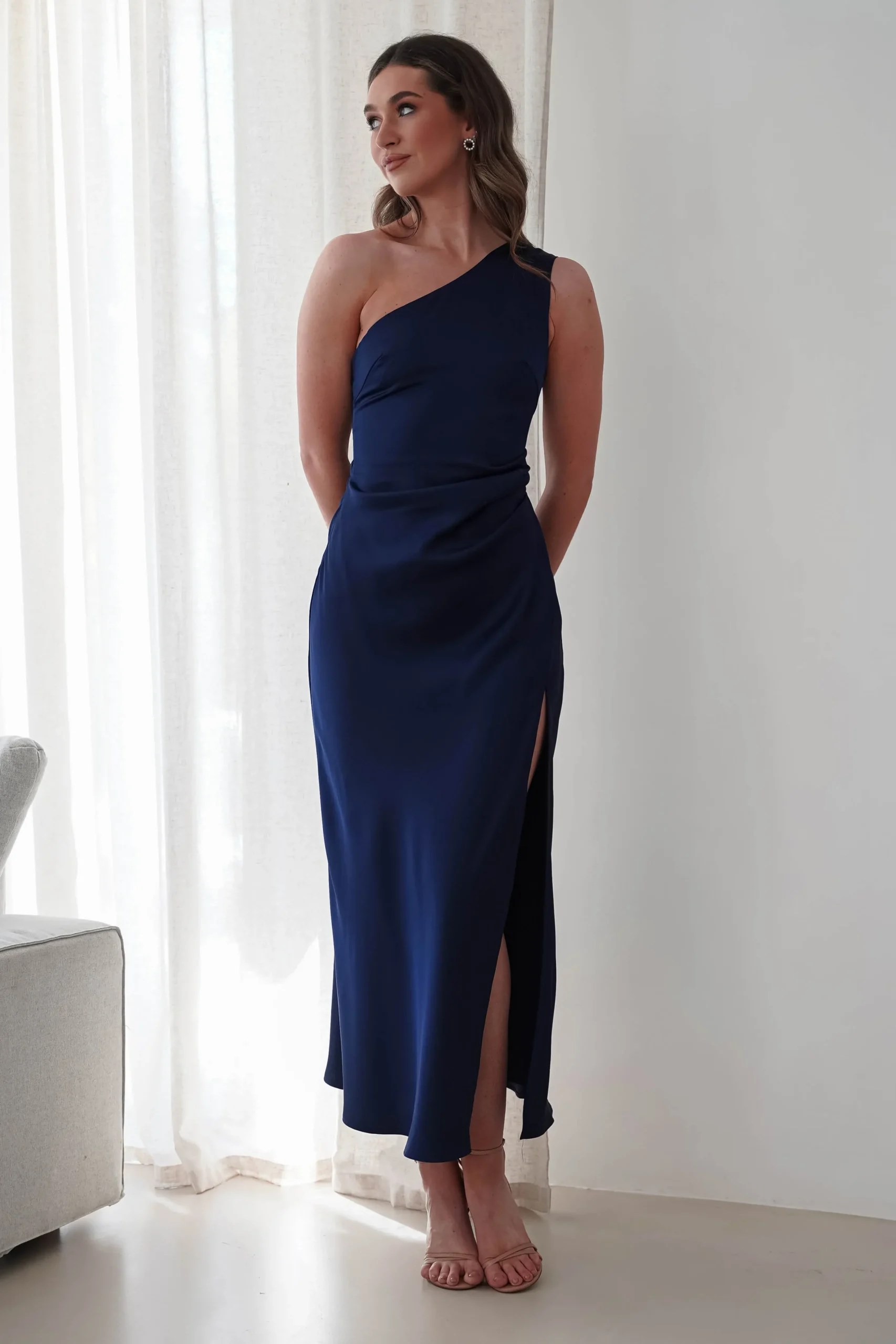 Best Meera Soft Matte Satin Midaxi Dress | Navy Lange Kleider|Maxikleider