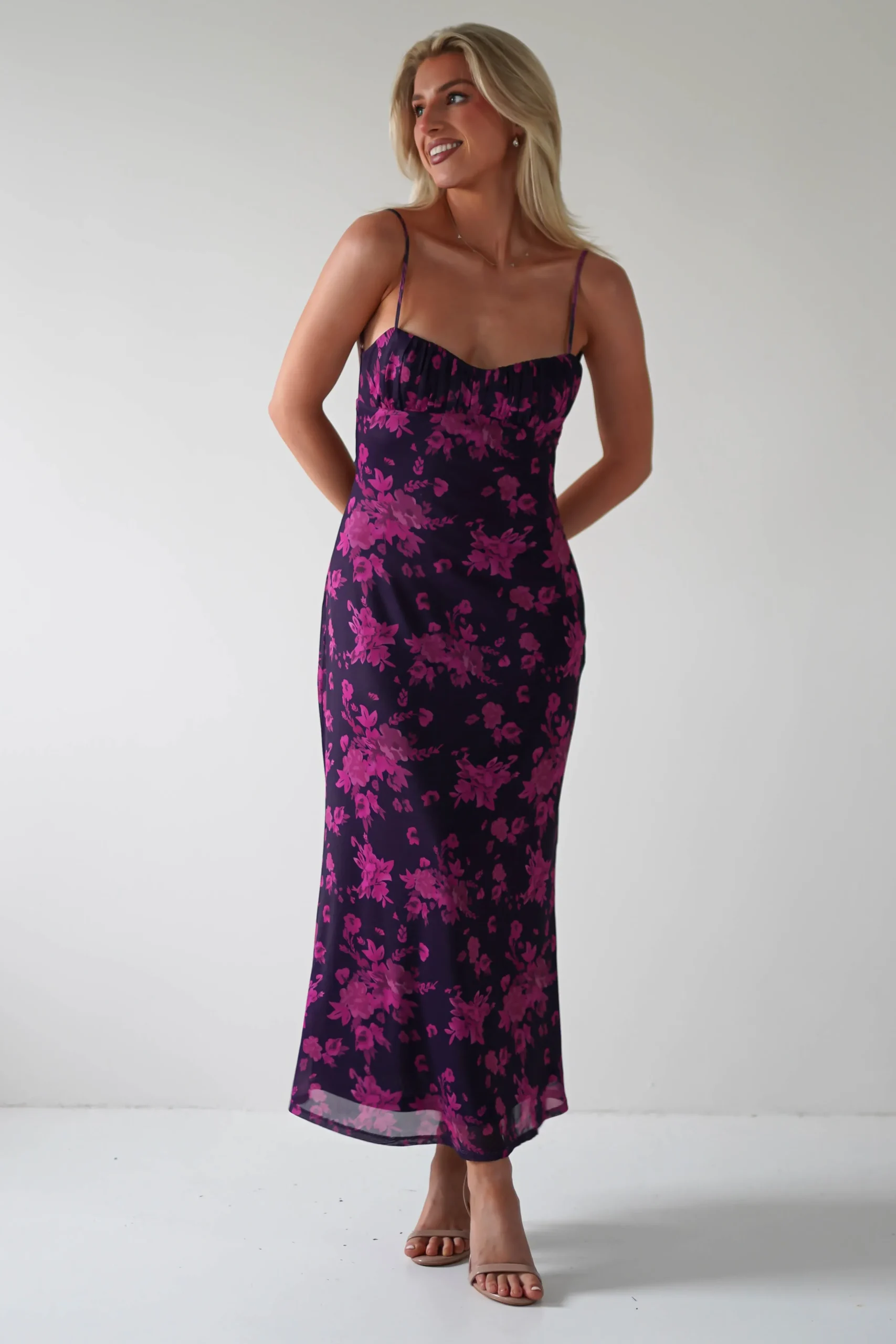 New Merlo Low Back Midaxi Dress | Grape Print Lange Kleider|Maxikleider