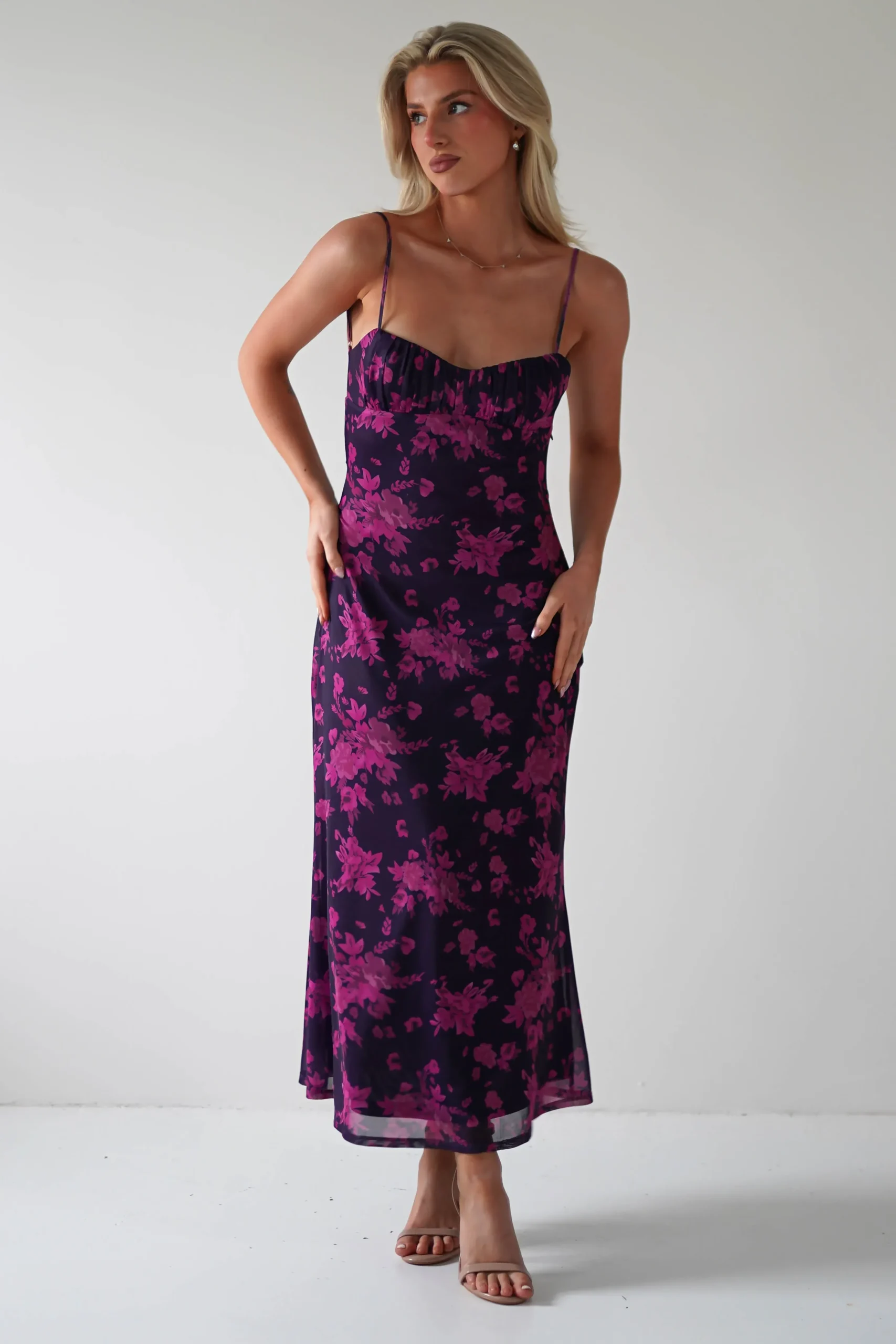 New Merlo Low Back Midaxi Dress | Grape Print Lange Kleider|Maxikleider