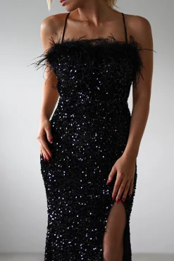 Fashion Mira Sequin Feather Maxi Gown | Black Lange Kleider|Maxikleider