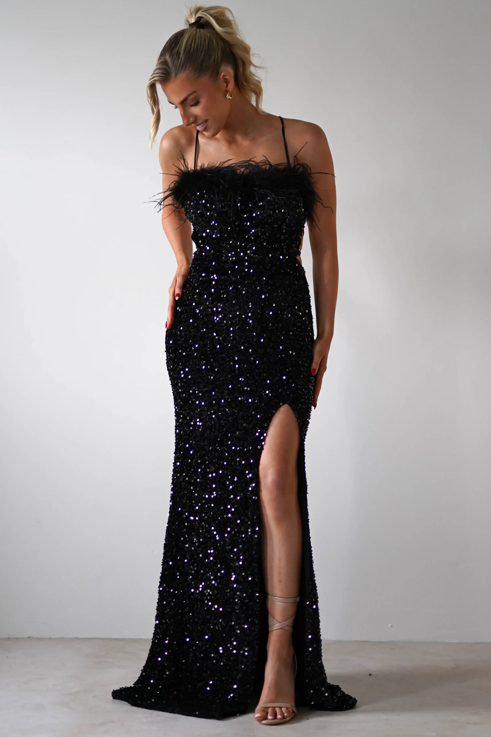 Fashion Mira Sequin Feather Maxi Gown | Black Lange Kleider|Maxikleider