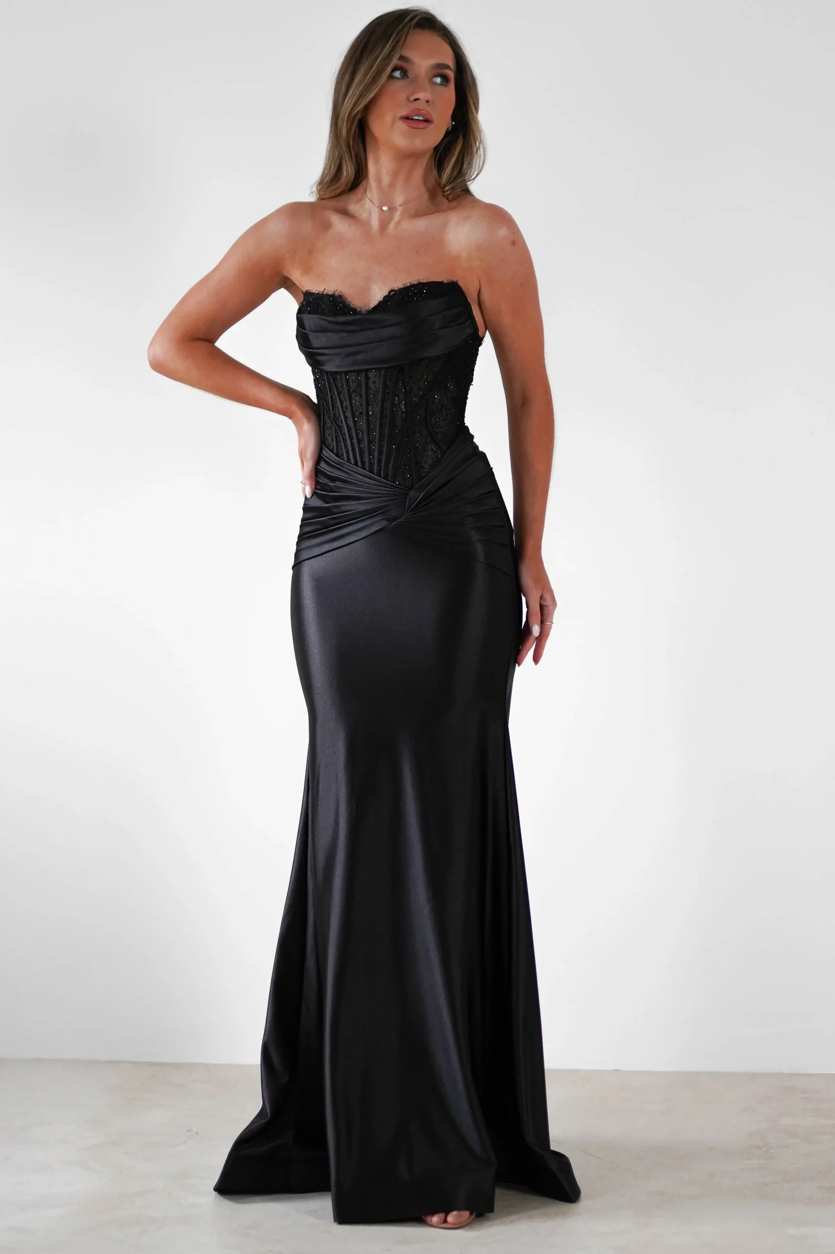 Hot Misha Strapless Lace Detail Gown | Black Sommerkleider|Sommerkleider