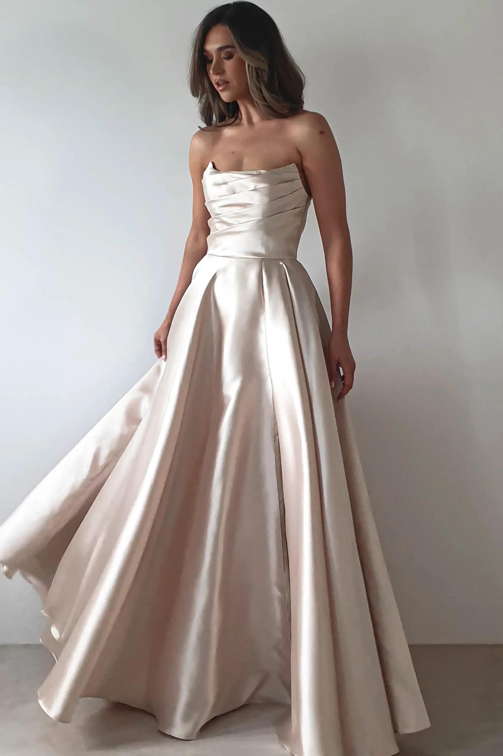 Best Miya Corset A-Line Satin Gown | Champagne Lange Kleider|Maxikleider