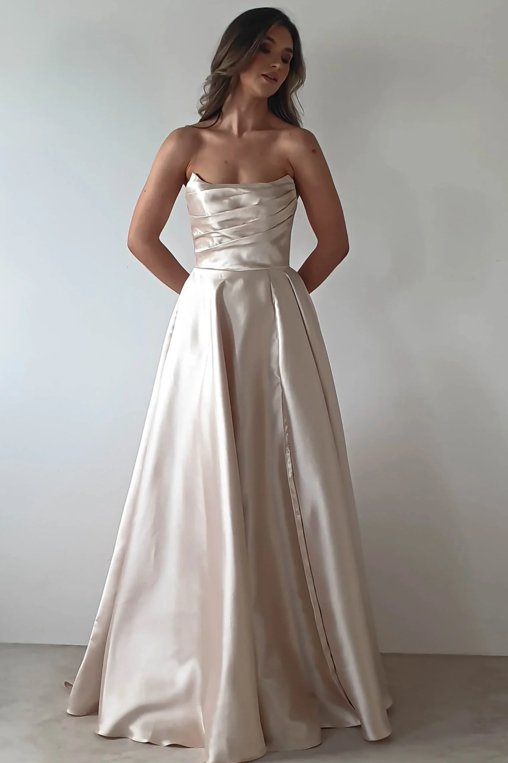 Best Miya Corset A-Line Satin Gown | Champagne Lange Kleider|Maxikleider