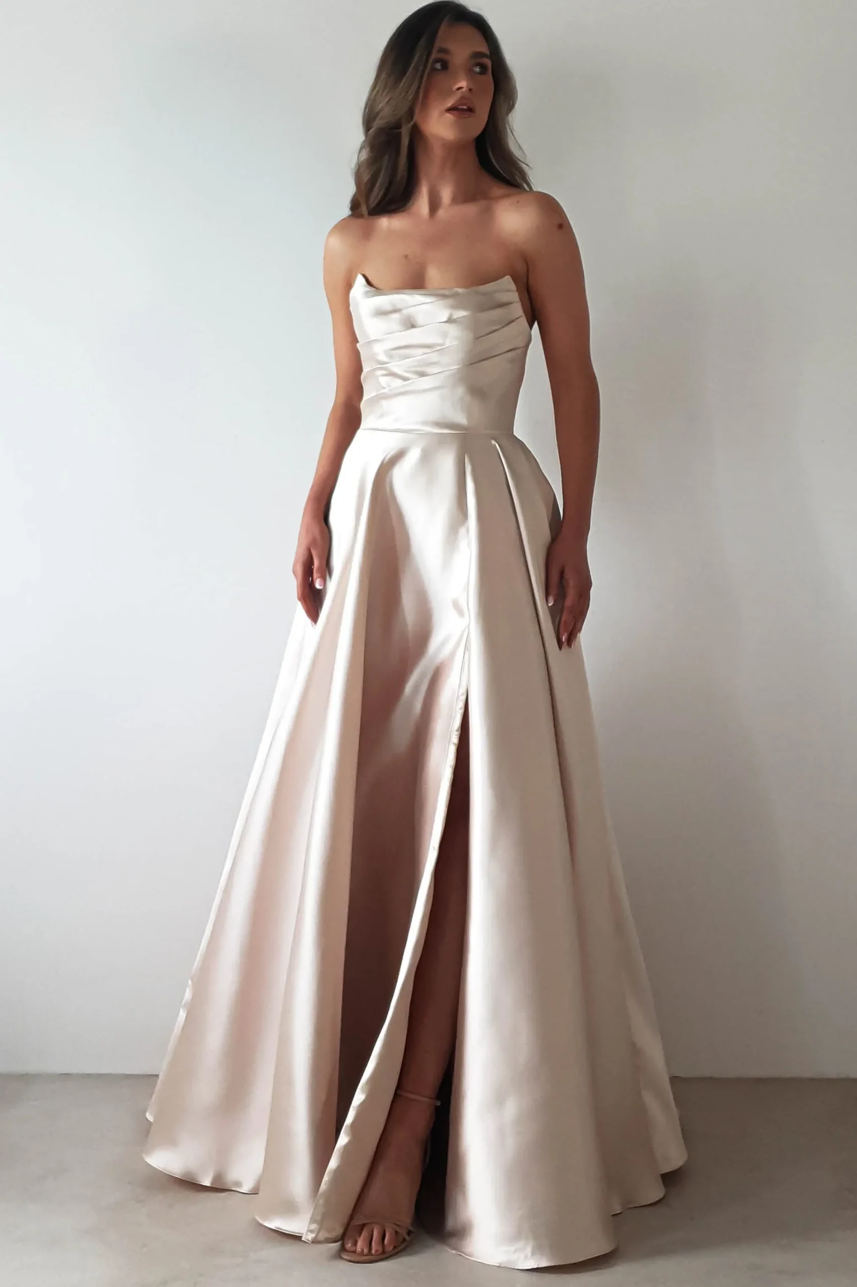 Best Miya Corset A-Line Satin Gown | Champagne Lange Kleider|Maxikleider