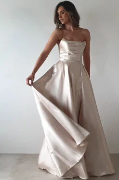 Best Miya Corset A-Line Satin Gown | Champagne Lange Kleider|Maxikleider