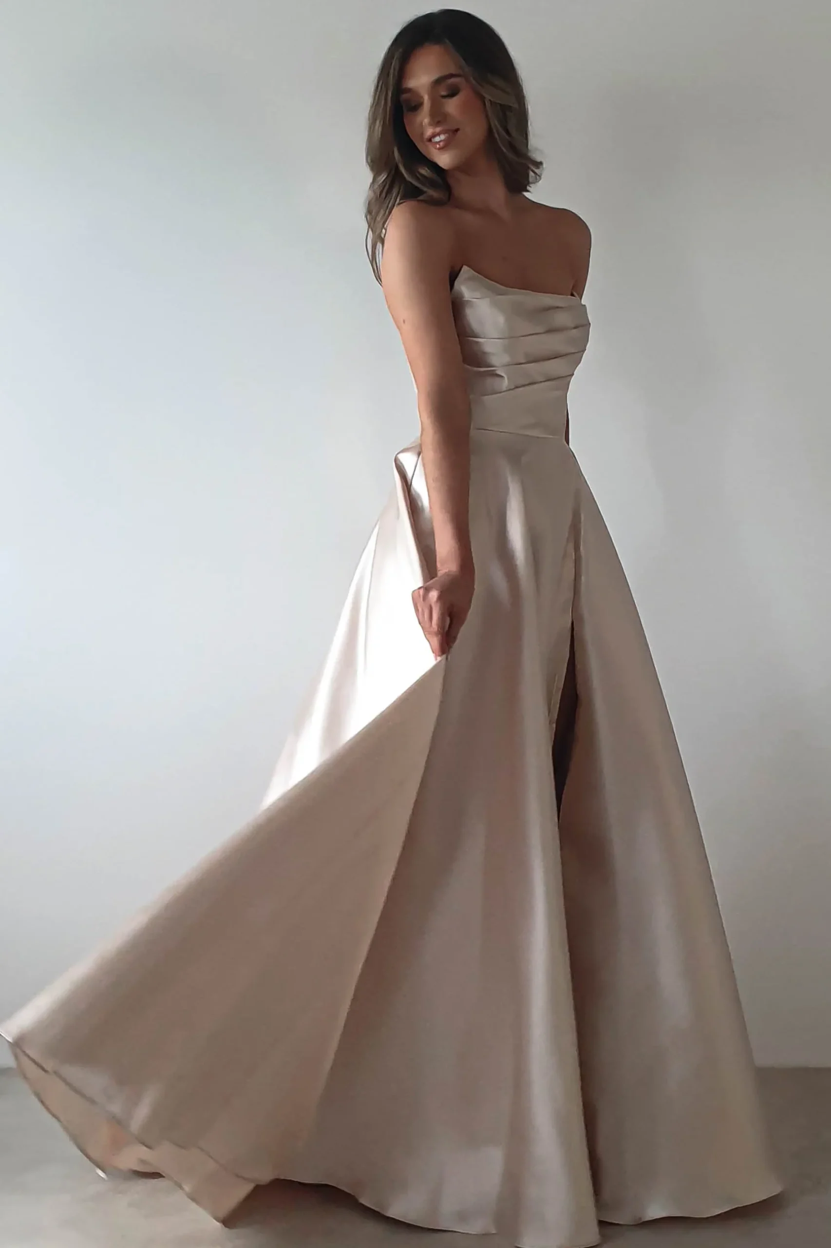 Best Miya Corset A-Line Satin Gown | Champagne Lange Kleider|Maxikleider