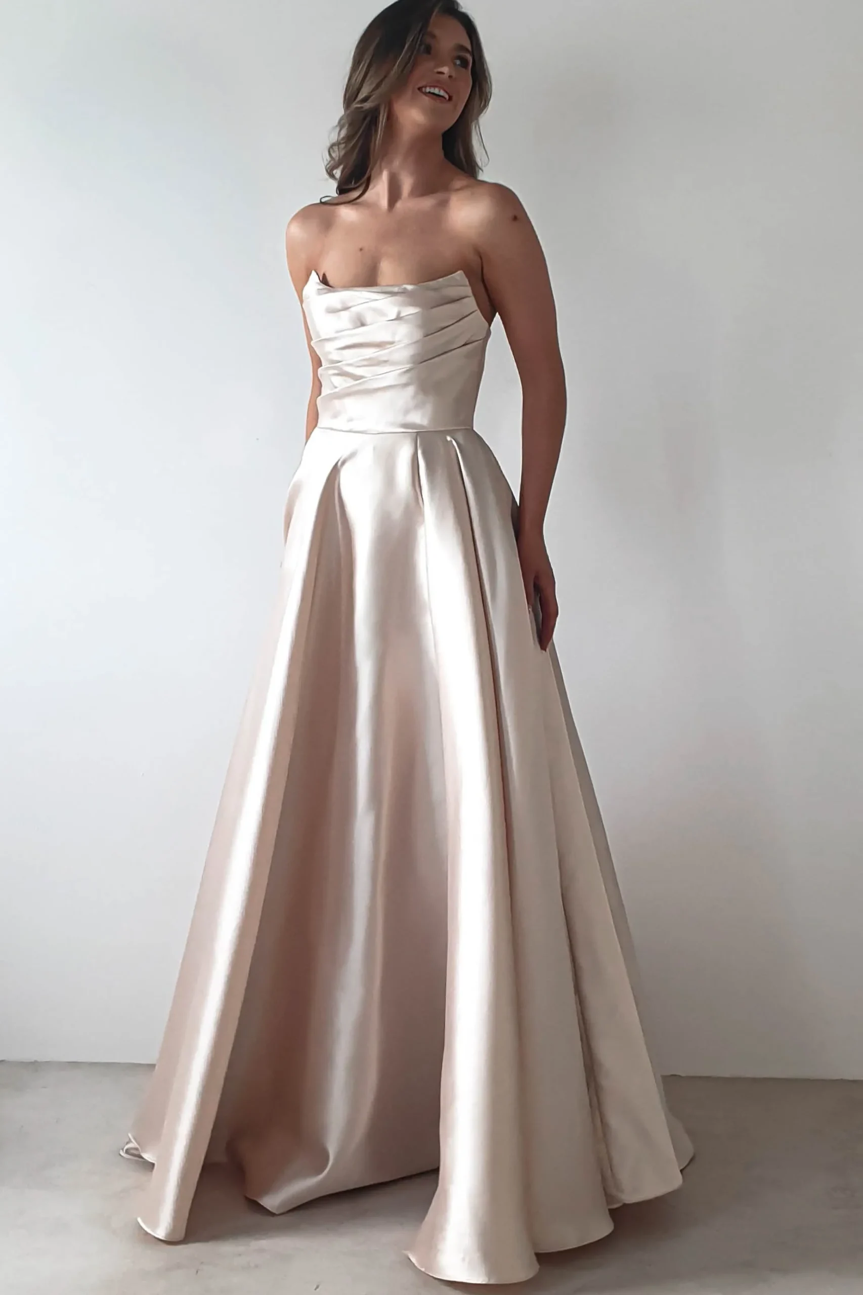 Best Miya Corset A-Line Satin Gown | Champagne Lange Kleider|Maxikleider