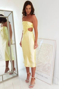 Online Naomi Satin Strapless Midi Dress | Yellow Mittellange Kleider|Midi-kleider