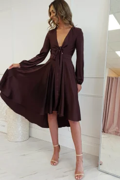 Discount Nicola Satin Tie Front Midi Dress | Chocolate Mittellange Kleider|Midi-kleider