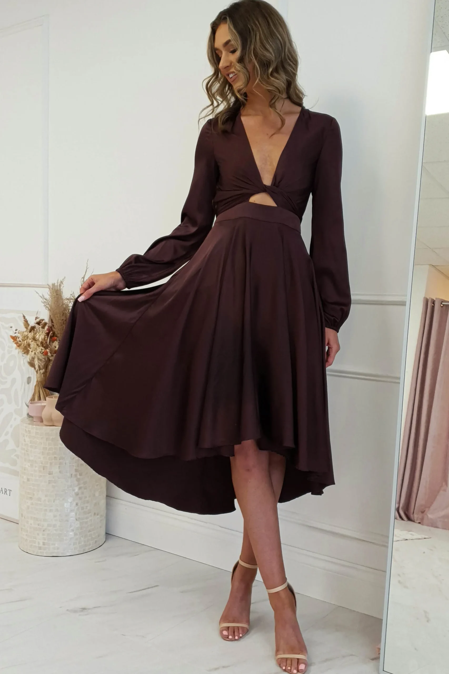 Discount Nicola Satin Tie Front Midi Dress | Chocolate Mittellange Kleider|Midi-kleider