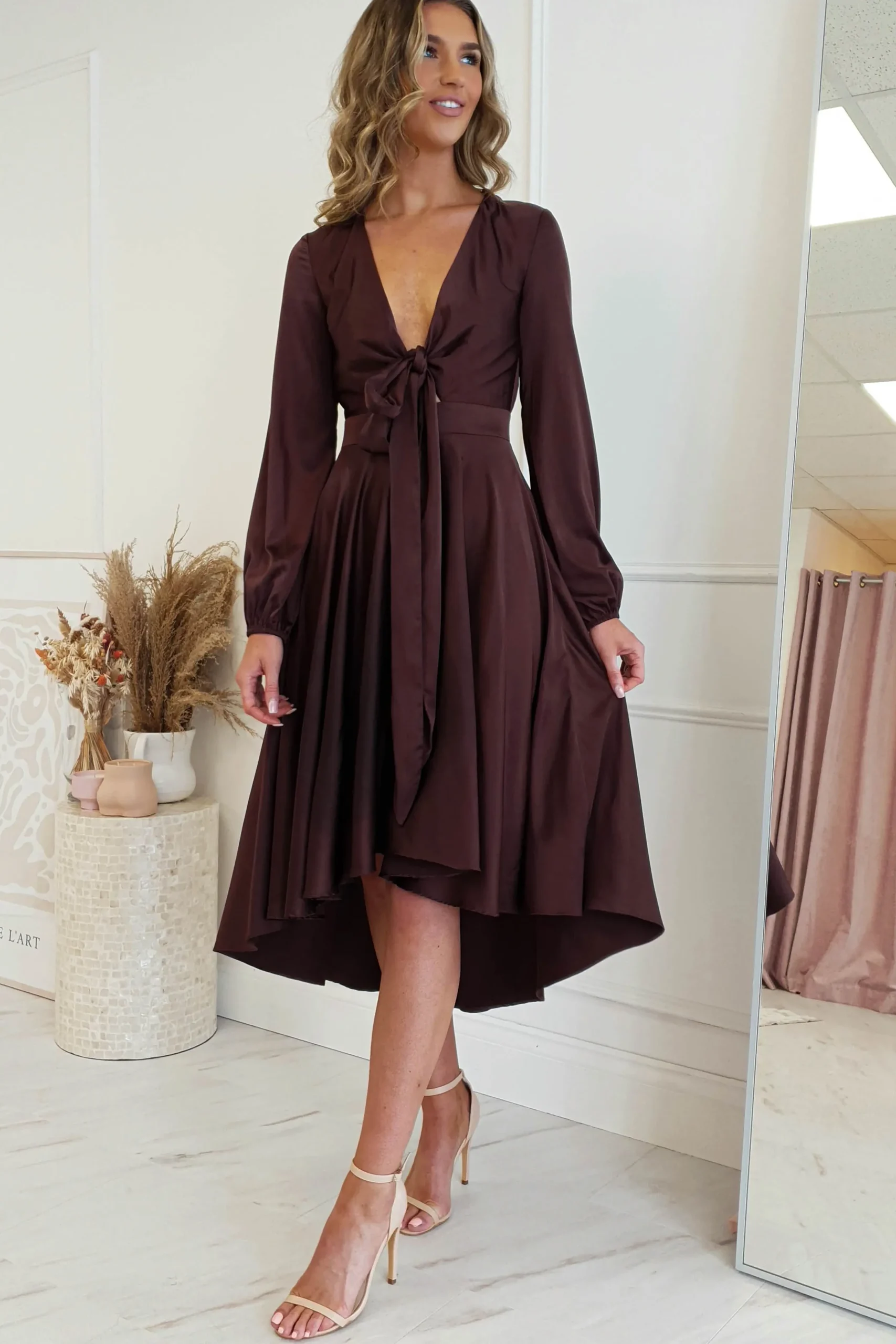 Discount Nicola Satin Tie Front Midi Dress | Chocolate Mittellange Kleider|Midi-kleider