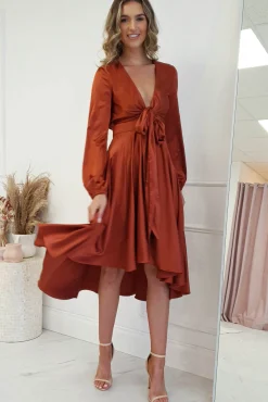 Sale Nicola Satin Tie Front Midi Dress | Rust Mittellange Kleider|Midi-kleider