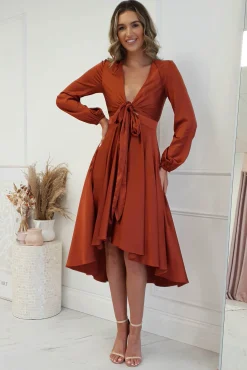 Sale Nicola Satin Tie Front Midi Dress | Rust Mittellange Kleider|Midi-kleider