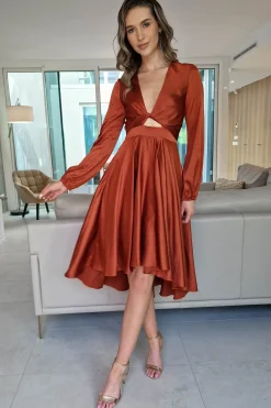 Sale Nicola Satin Tie Front Midi Dress | Rust Mittellange Kleider|Midi-kleider