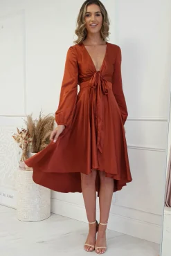 Sale Nicola Satin Tie Front Midi Dress | Rust Mittellange Kleider|Midi-kleider