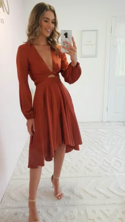 Sale Nicola Satin Tie Front Midi Dress | Rust Mittellange Kleider|Midi-kleider
