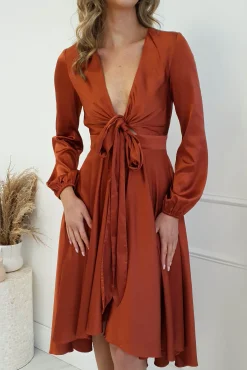 Sale Nicola Satin Tie Front Midi Dress | Rust Mittellange Kleider|Midi-kleider