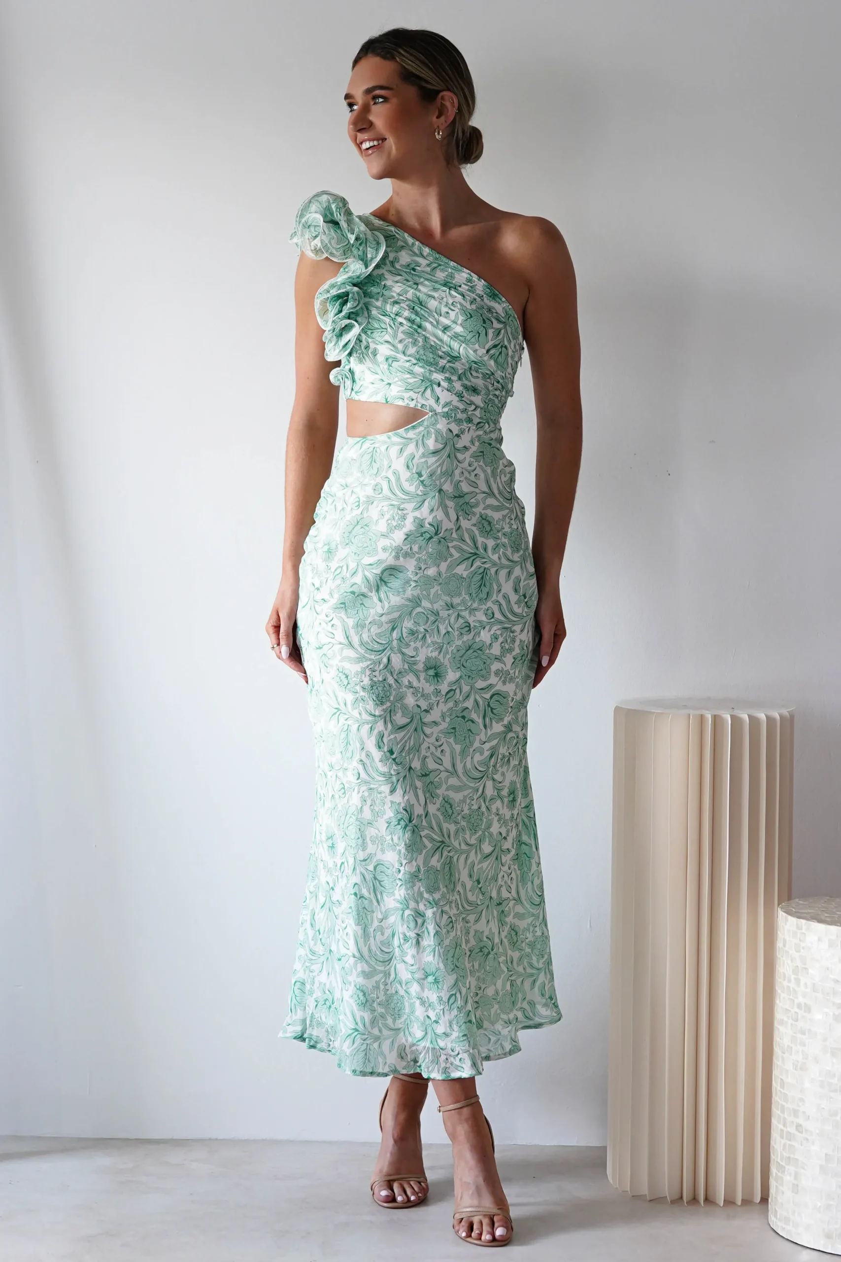 Fashion Pertunia Cut Out Midaxi Dress | Green Print Lange Kleider|Maxikleider