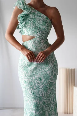 Fashion Pertunia Cut Out Midaxi Dress | Green Print Lange Kleider|Maxikleider