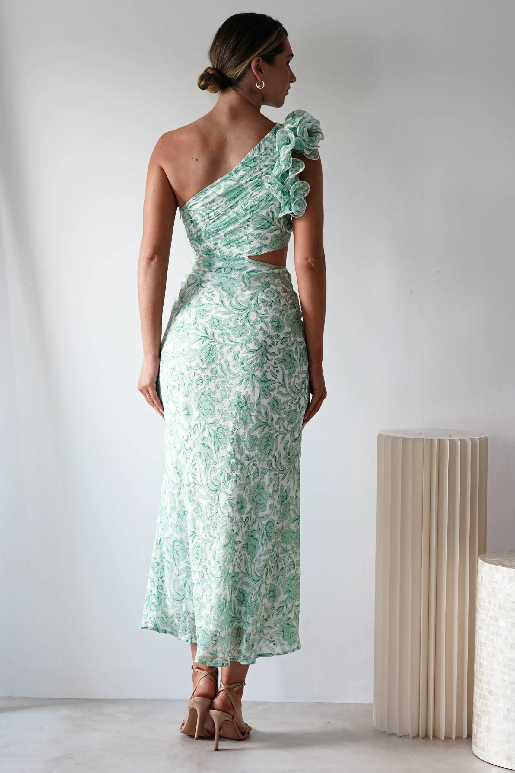 Fashion Pertunia Cut Out Midaxi Dress | Green Print Lange Kleider|Maxikleider