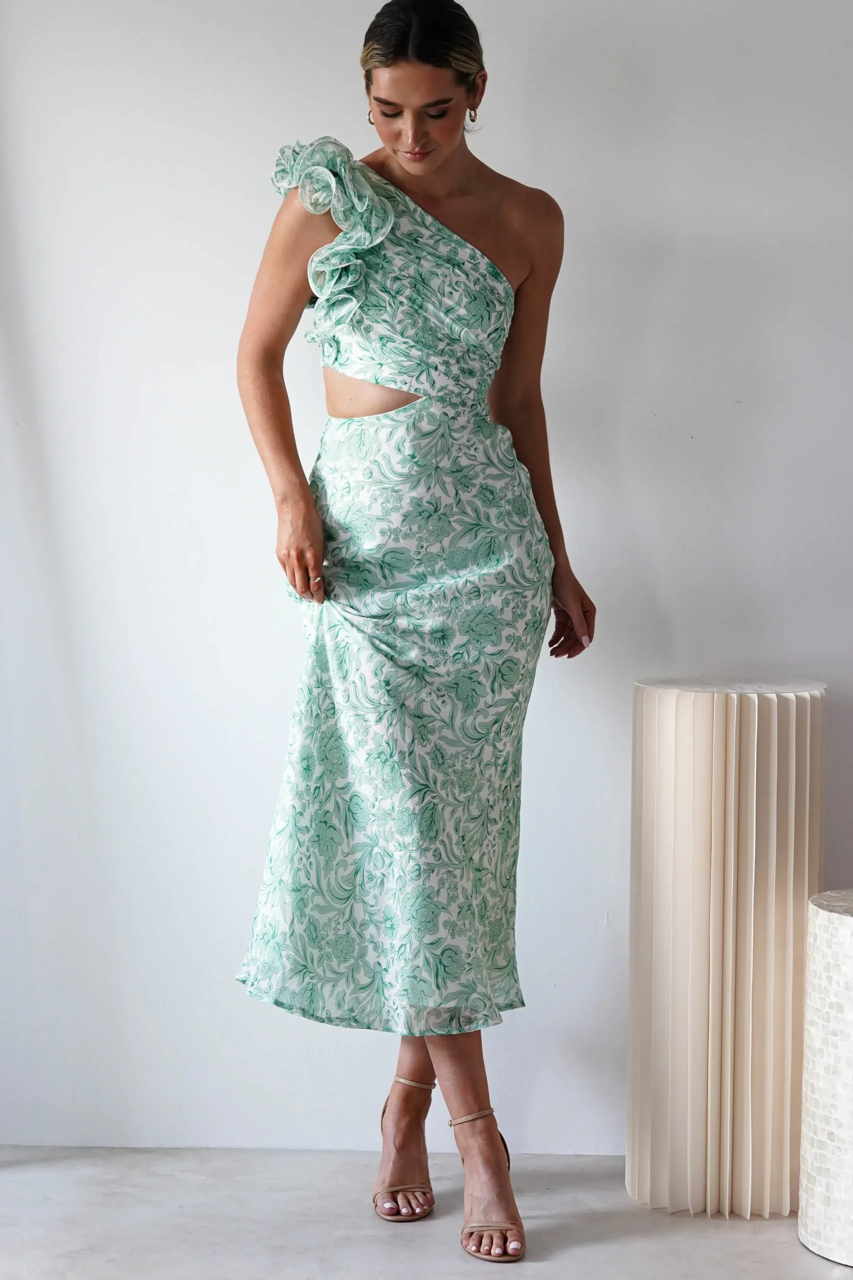 Fashion Pertunia Cut Out Midaxi Dress | Green Print Lange Kleider|Maxikleider