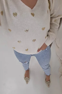 Outlet Pia Sequin Heart Detail Jumper | Beige Strickwaren|Pullover Und Strickjacken