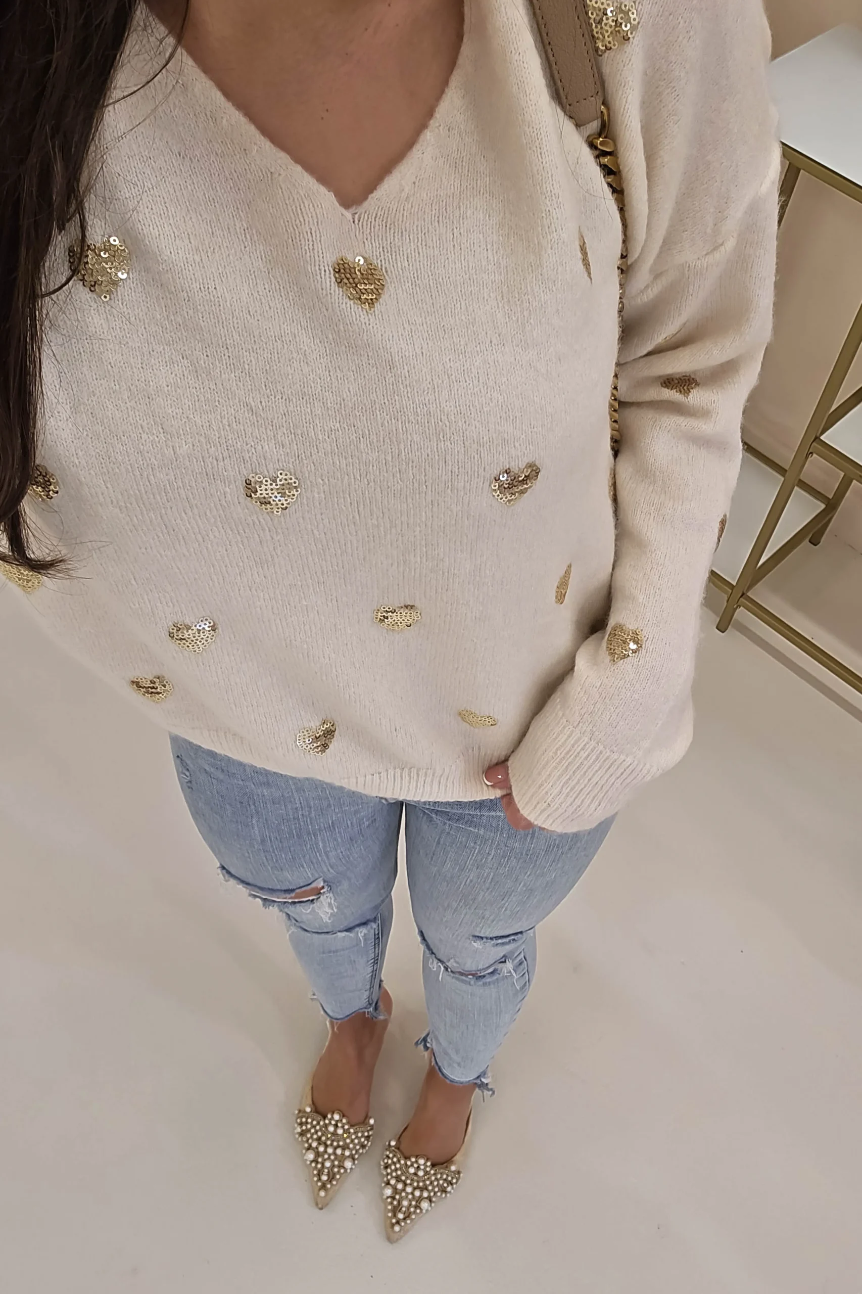 Outlet Pia Sequin Heart Detail Jumper | Beige Strickwaren|Pullover Und Strickjacken
