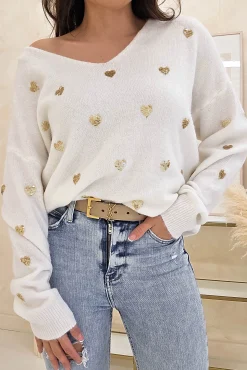 Best Pia Sequin Heart Detail Jumper | White Strickwaren|Pullover Und Strickjacken