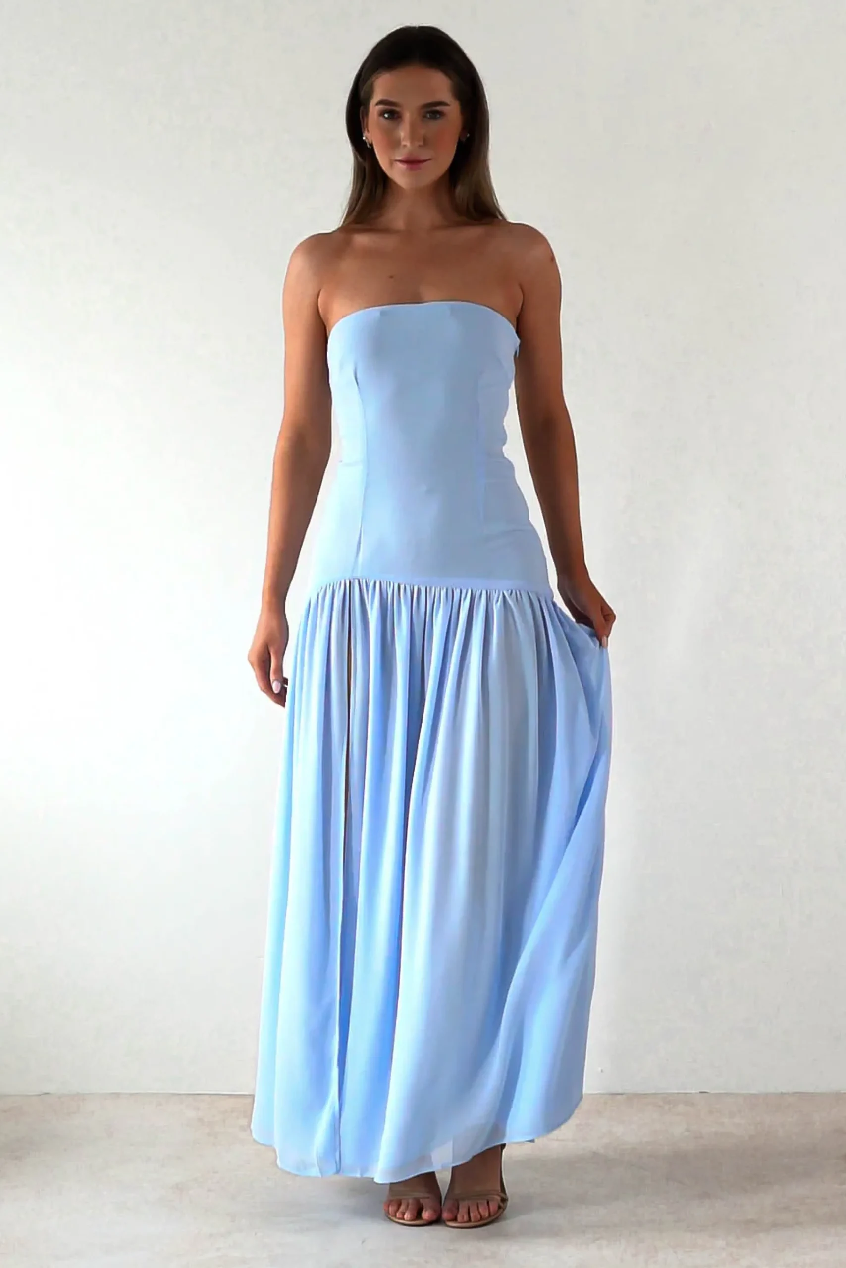 Hot Polinna Strapless Chiffon Maxi Dress | Blue Lange Kleider|Maxikleider